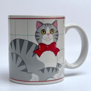 Vintage Vandor Cat Mug Designer Pelzman Japan 1987 Gray Tabby with Red Bow